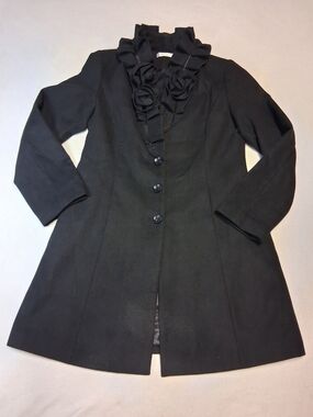 Ricki's Black Ruffle Collar Trench Coat with Rosette Detail